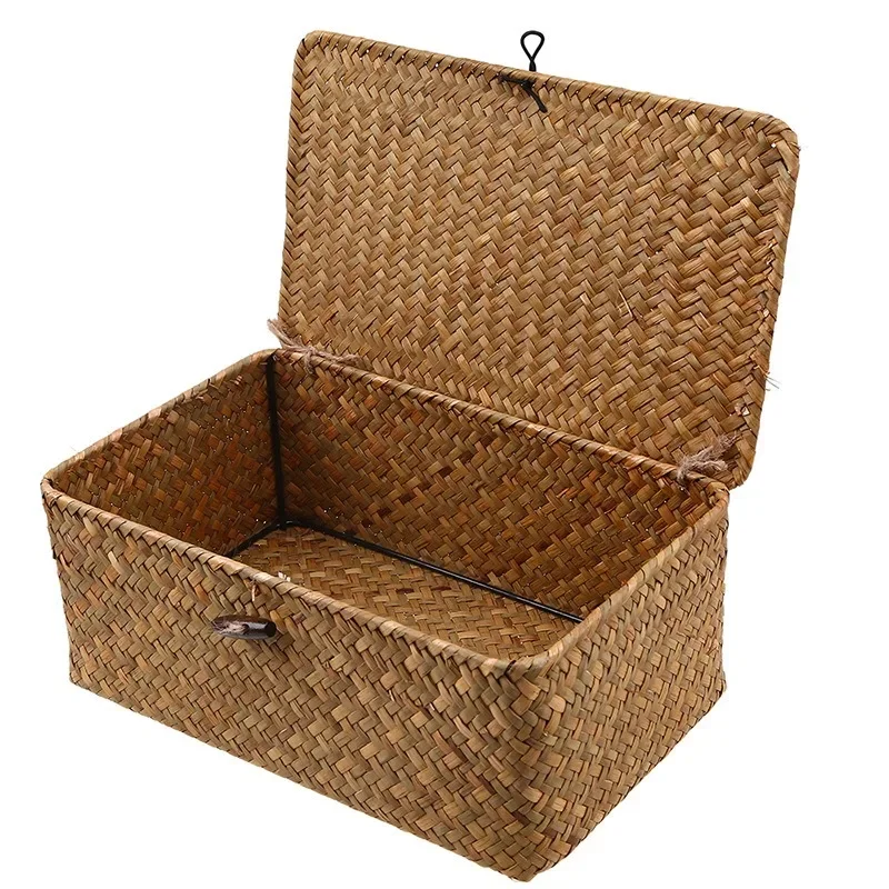 Straw Rattan Woven Storage Box, Sorting Basket with Lid, Wedding Gift Box, Holiday Packaging Box, Storage Box