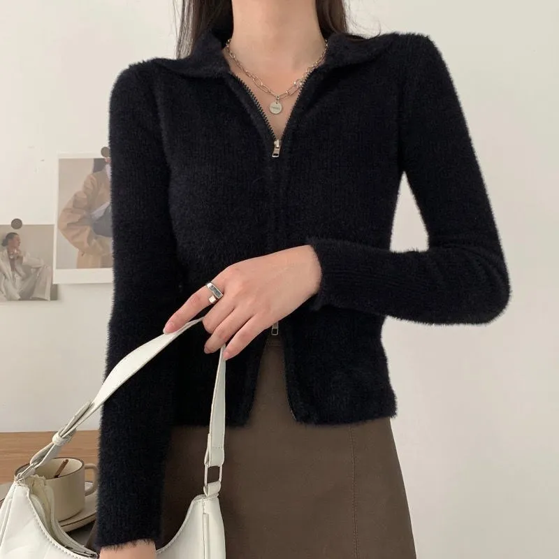 2023 Mink Fleece Kintted Cardigan Jackets Y2k Long Sleeve Harajuku Basic Zip Outwear Autumn Stretch Slim Women Casual Coat Tops