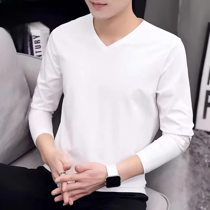 

Мужская футболка с длинным рукавом, белая, с V-образным вырезом, базовая, весна 2024, модная, для ношения под одеждой, приталенная, из смесового хлопка, не мнется