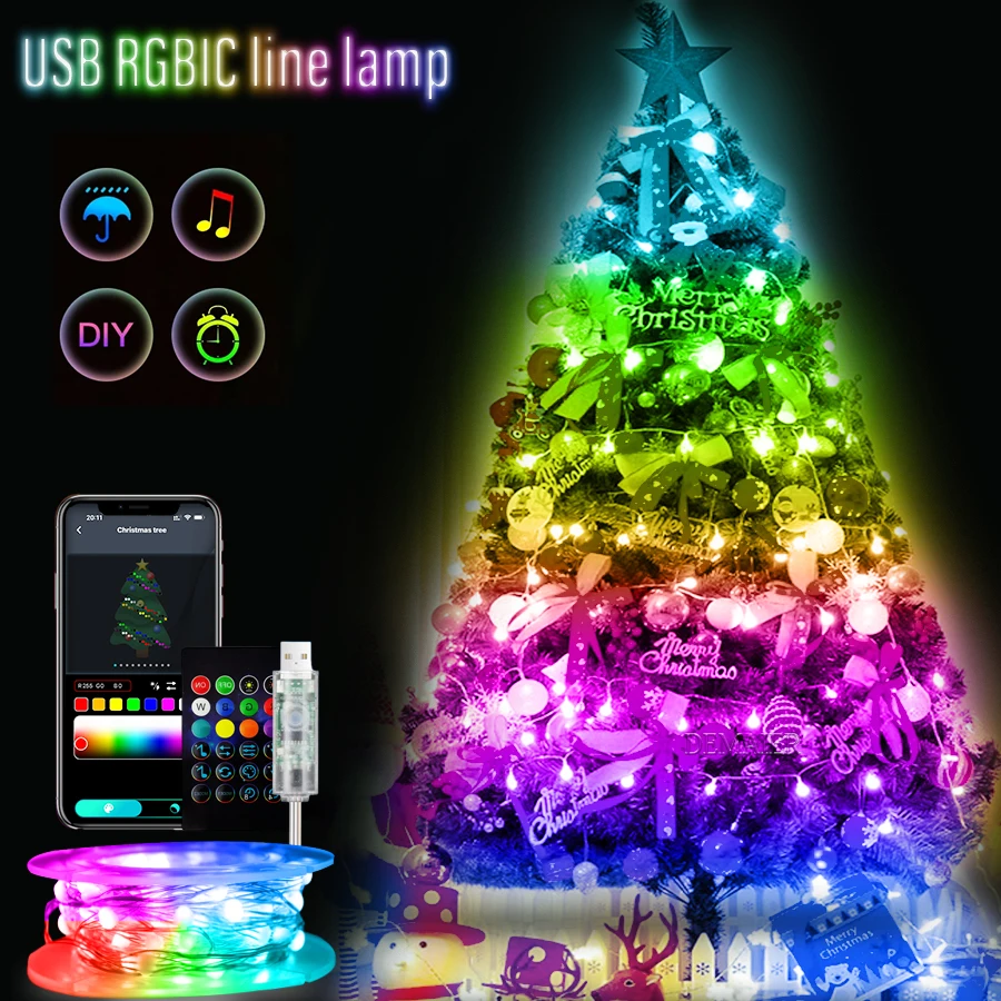 WS2812B Pixels RGBIC Fairy String USB Music Dream Color Light  USB DC5V Christmas LED Garland Wedding Birthday Party Decoration