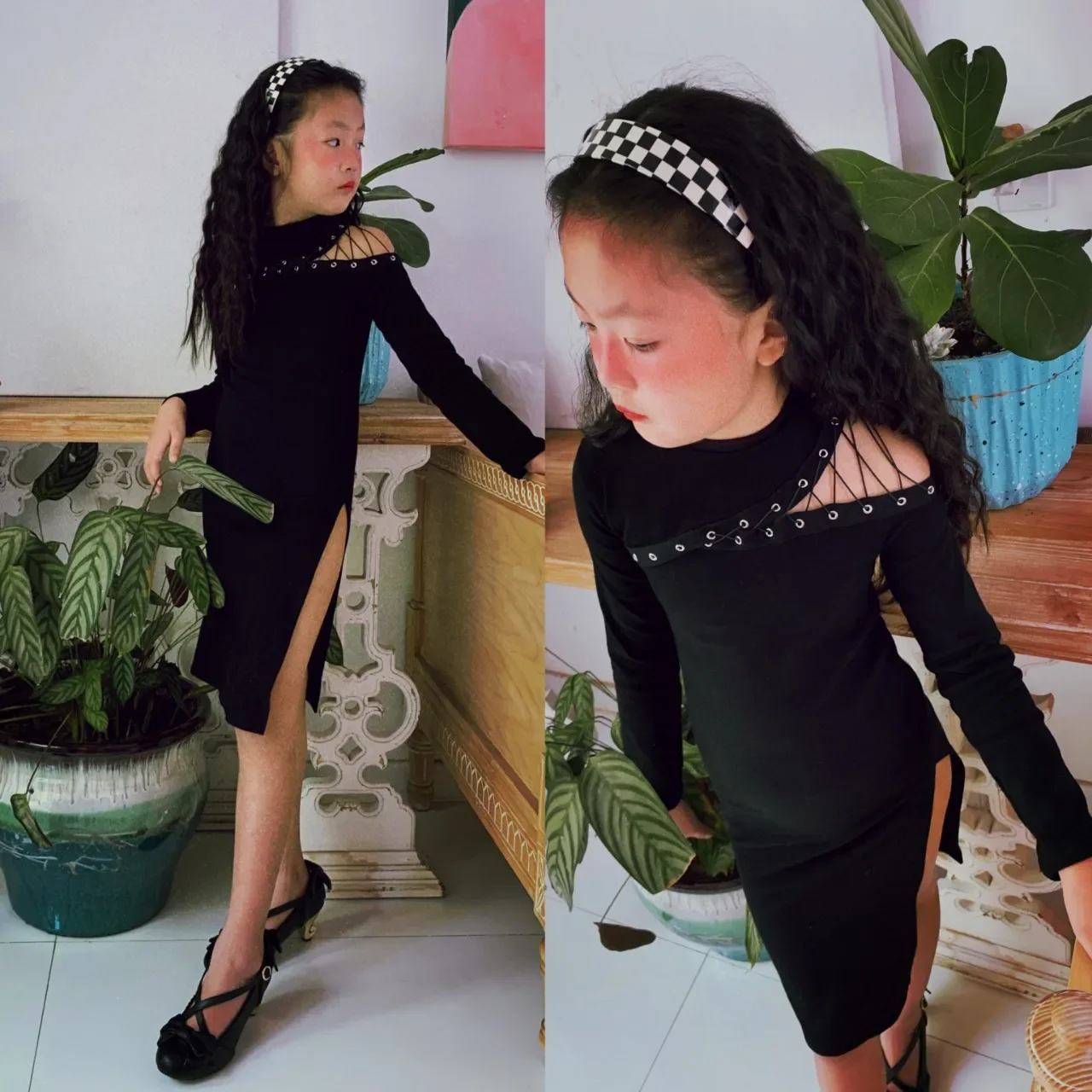 

toddler girl fall clothes 2020 black little dress knee length hollow out bandage lace up punk streetwear vestidos 2 to 16 yrs