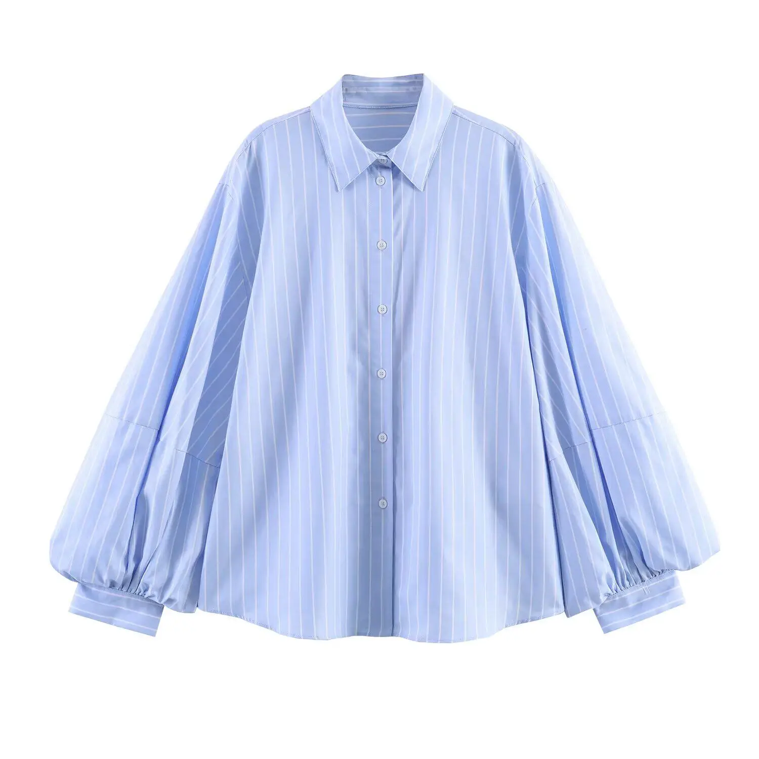 

Women's Loose Blue Striped Shirt 2026 Spring Casual Turn-Down Collar Coats European Style Long Sleeve Single Breasted Blouse