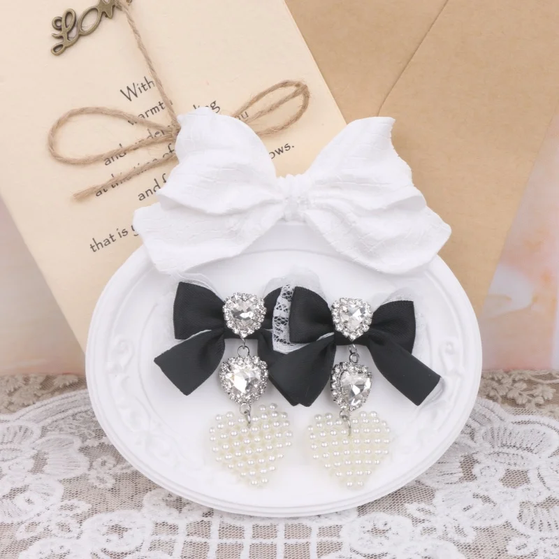 Brincos lolita feitos à mão com laço, strass, coração, pérola, pingente, clipes para sem piercing de orelha, agulha de prata 925