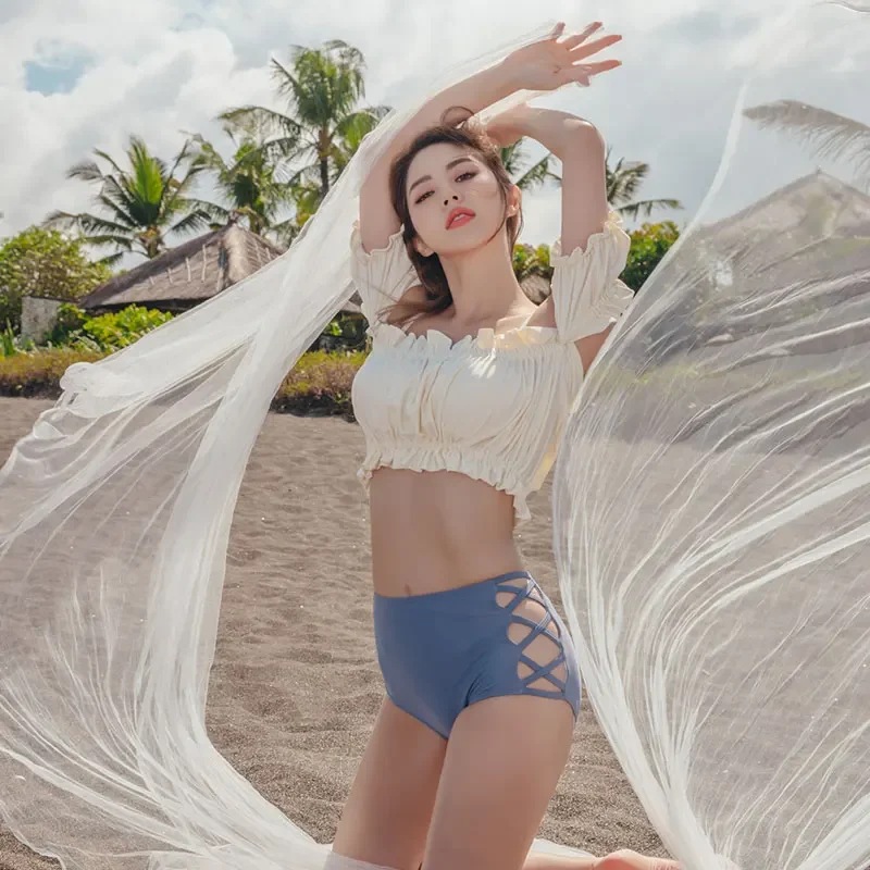 New Women's Conservative e Bikini Two-Piece Set Small Fraance Sle Thermal Spring Swimsuit Nylon Spandex One-oulder