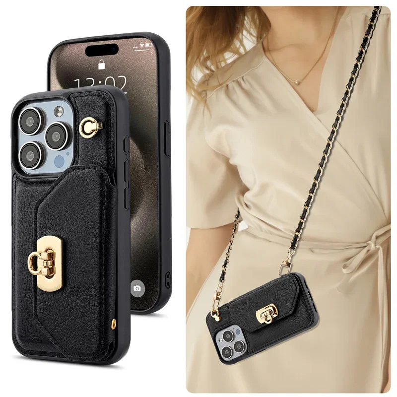 Umhängetasche aus Leder mit Kartenhalter für iPhone 16 15 14 Plus 13 Pro Max, Ständer, stoßfeste Schutzhülle für Damen