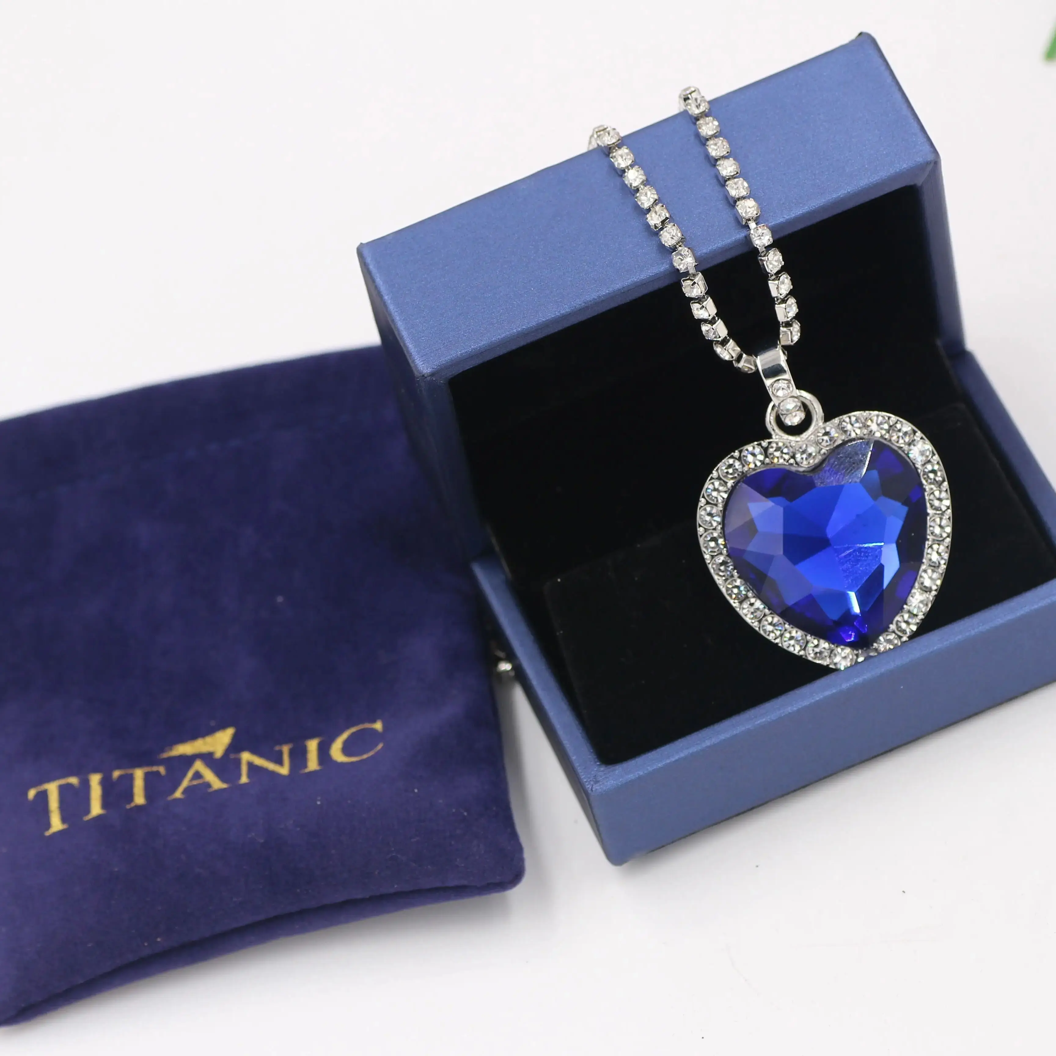 Titanic Heart of Ocean Blue Heart Love Forever Pendant Necklace + Velvet Bag