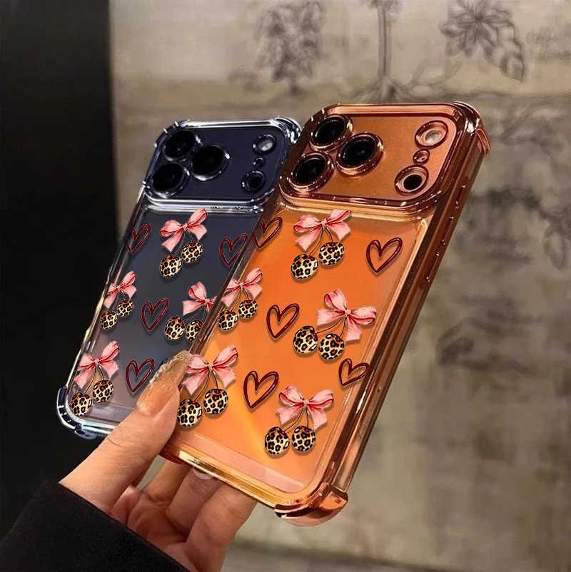 Leopard Cherry print love pink bow Case For Samsung Galaxy S26 Edge S24 S25 Ultra FE S23 Plus S26FE Airbag Soft Cover