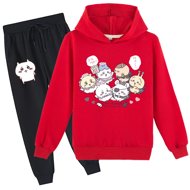 Little Kid Chiikawa Jersey suelto sudadera y pantalones para correr conjunto de 2 piezas, camisetas de manga larga de otoño sudaderas con capucha ligeras para 2-14 años