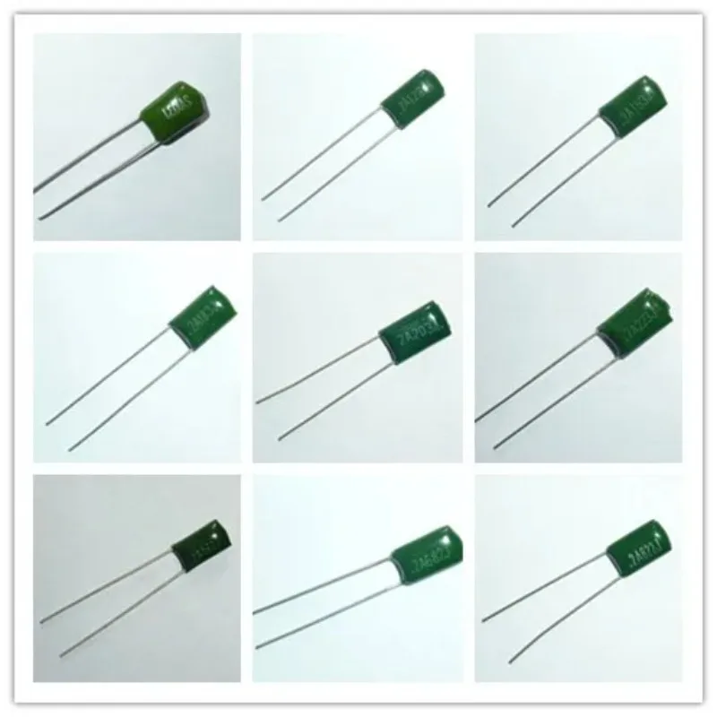 100개/몫 마일라 필름 커패시터 100V 2A 220pF~0.47uF 5% (2A221J~2A474J) 폴리에스테르 필름 커패시터