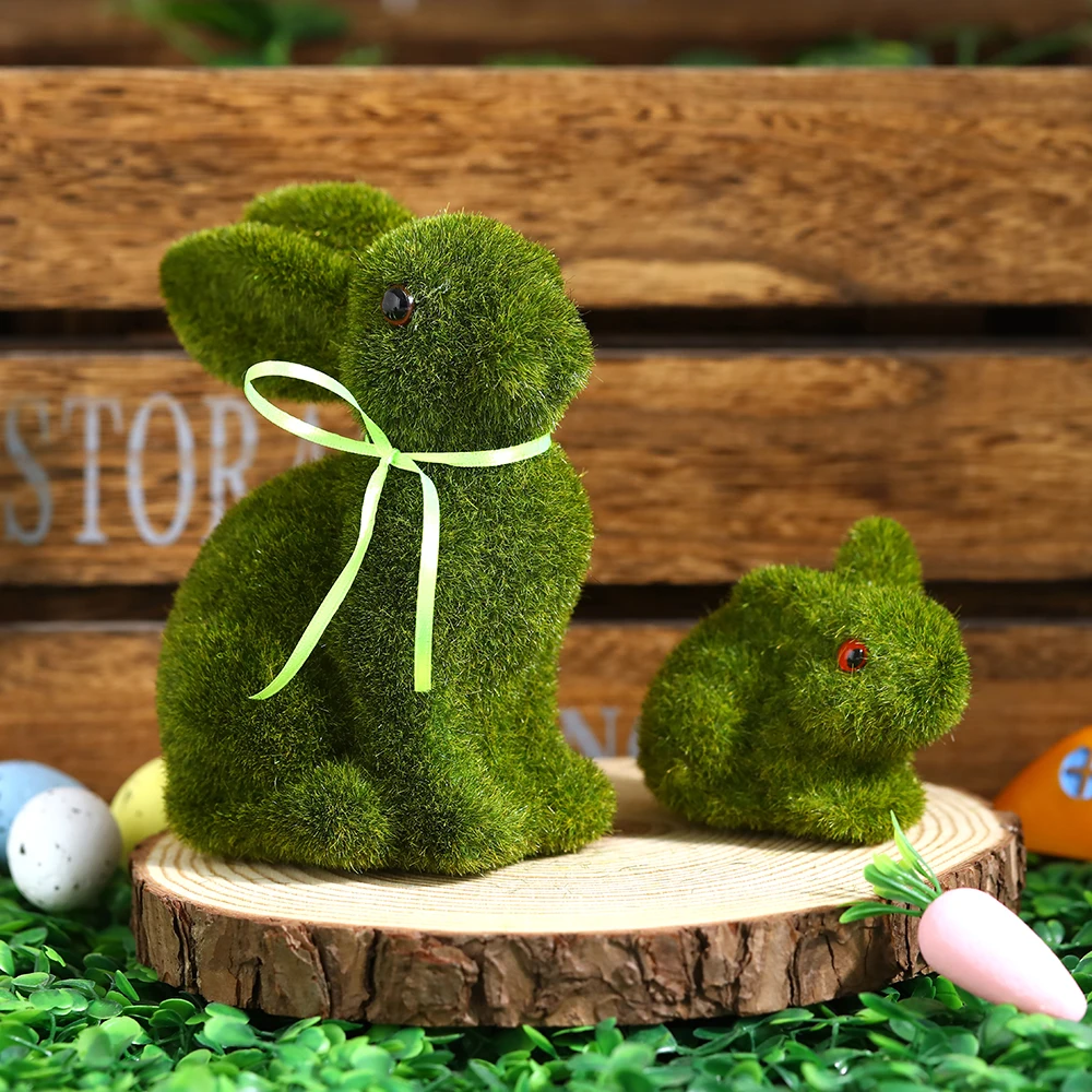 Easter Bunny Green Straw Doll Decor Moss Rabbit Egg Carrot Table Ornament Easter Spring Garden Simulated Rabbit Statue Home Deco