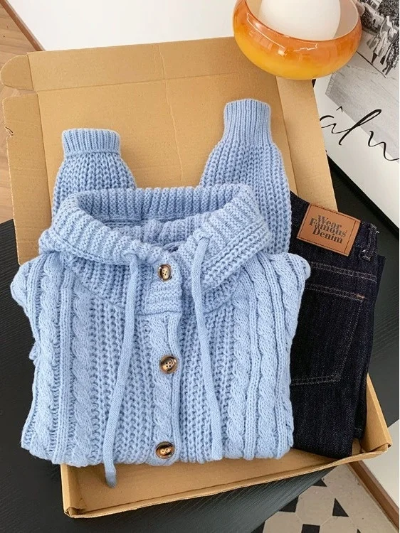 

Американский ретро-кардиган в стиле лоу-эйр, мягкий и уютный, с капюшоном, вязаный, с крупной вязкой, для женщин, осень-зима...