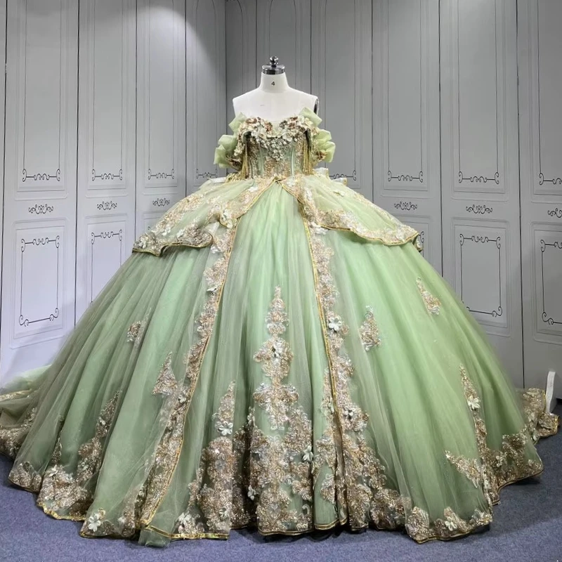 

Green Shiny Princess Off the Shoulder Sweet 16 Dress Quinceanera Dresses Applique Flower Beads Tull Party Birthday Vestidos 15