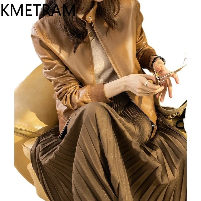 KMETRAM 100% Real Sheepskin Leather Baseball Jacket Fashion New in Outerwears Fall Clothes 2024 Women куртка кожаная женская