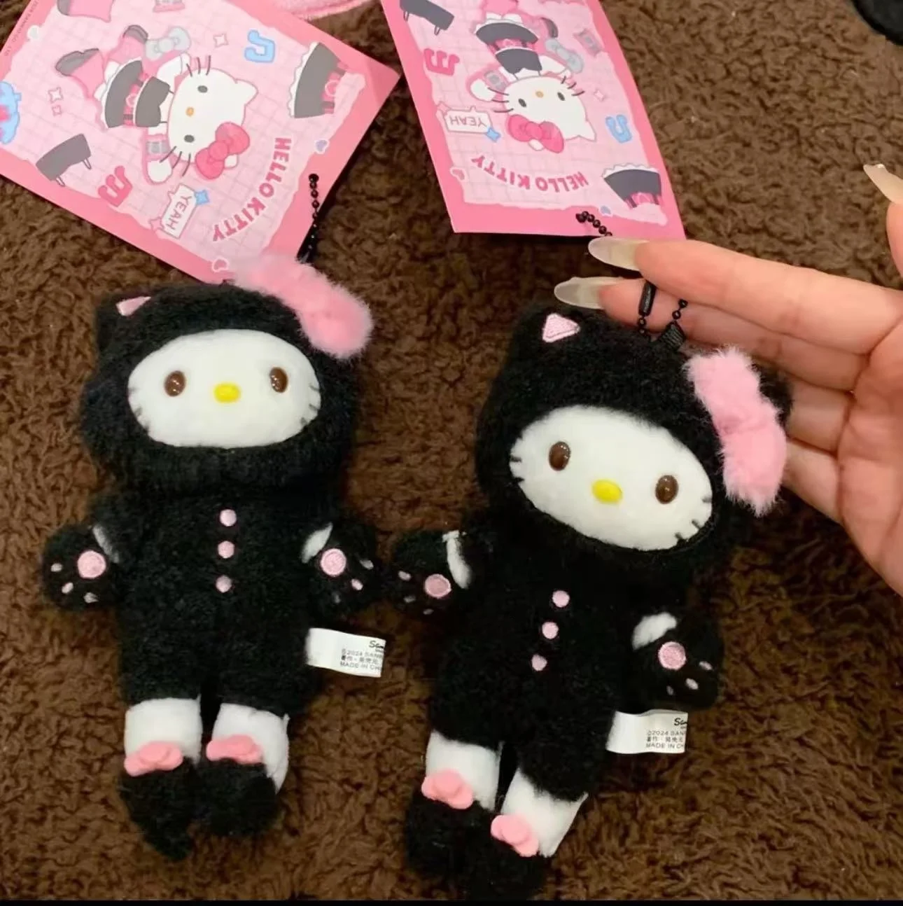 Sanrio Black cat Hello Kitty Cartoon Long legged Plush Doll kawaii Daily Series Kitty cat y2k Schoolbag Pendant Keychain  Gift
