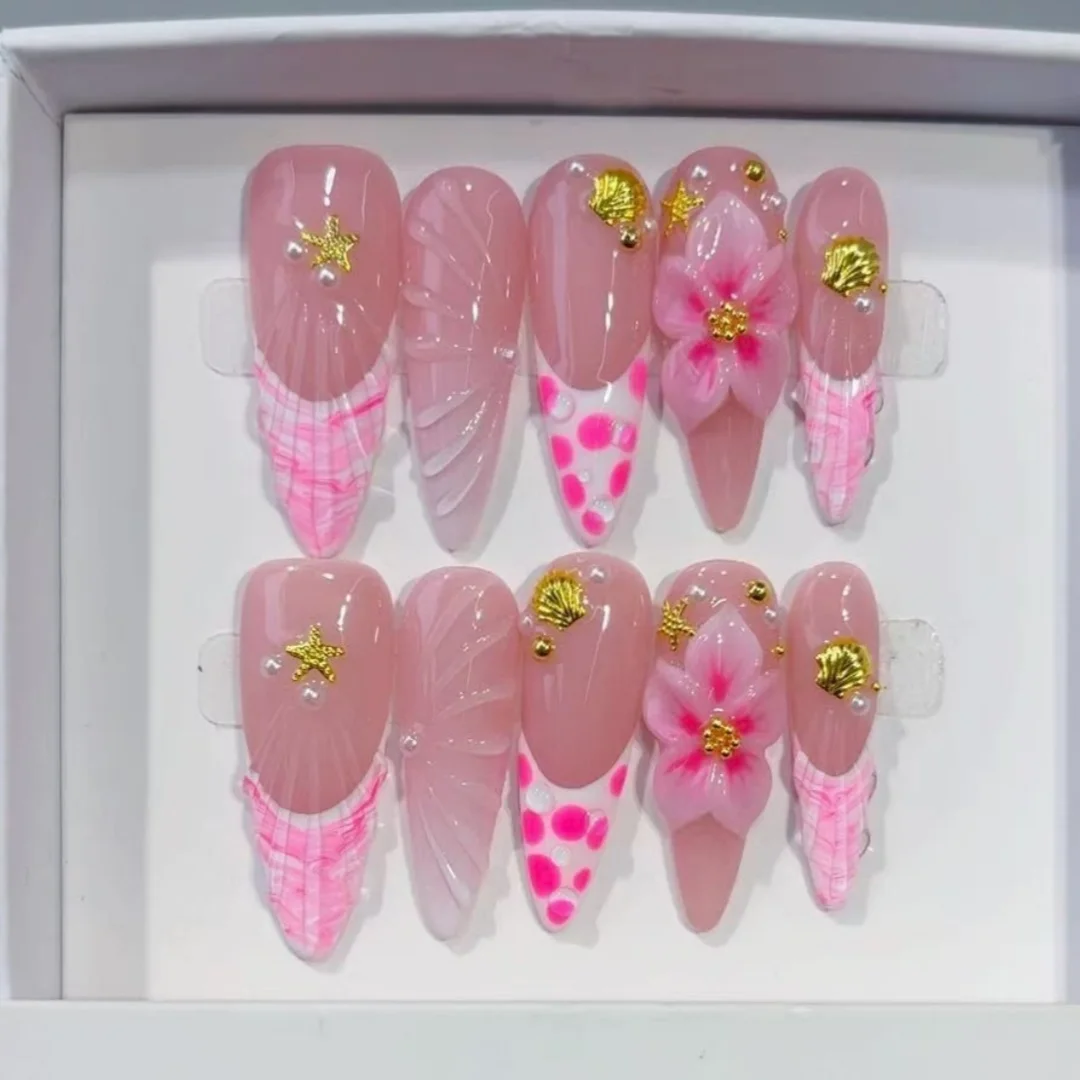

10pcs Flower Shell Handmade Fake Nails Tips Finished Leopard Print French Long Almond False Nail Art Pearl Pink Press on Nails