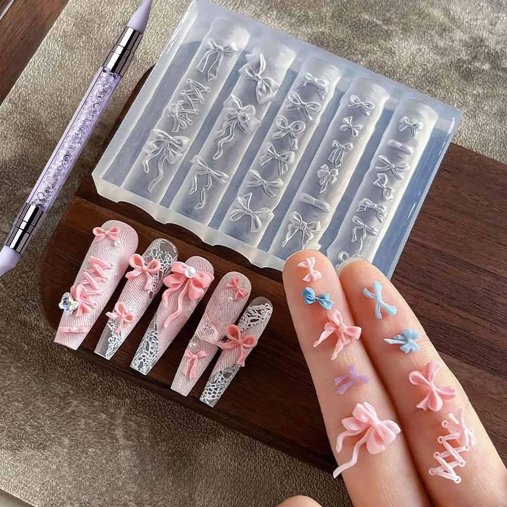 2 Stuks 3D Strik Siliconen Nagel Mallen Bloem Strik Nail Art Sculptuur Boog Schimmel DIY Boog Charms Nagel Sjabloon met Carving Pen