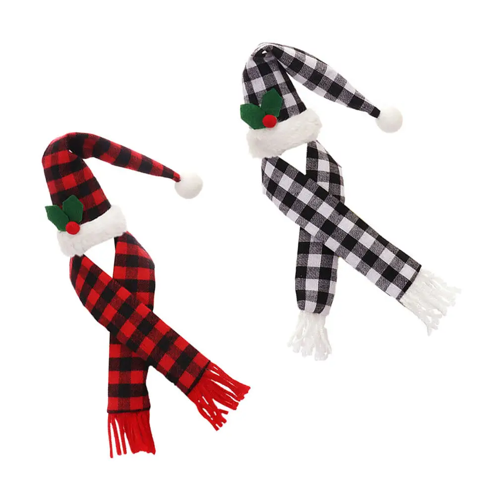 2Sets Christmas Bottle Decor Wine Bottle Scarf Hat Set Knitted Xmas Ornament Dustproof Cover for Holiday Dinner Romantic Festive