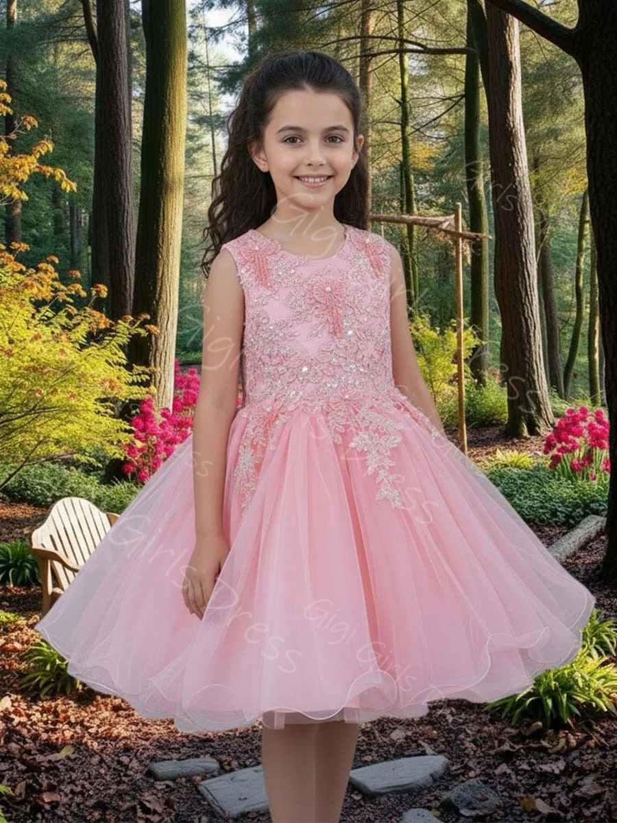 

Розовое платье для дня рождения для девочек, кружевное платье принцессы с аппликацией из бисера, платье с цветочным узором для девочек, длиной до колена, бальное платье для свадебной вечеринки, платья на заказ