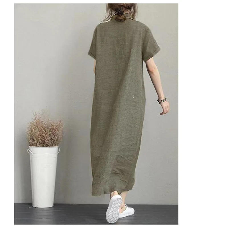 100% Linen Spring Summer Women's Short Sleeve Dress Black Loose Plus Size 3XL Comfortable Breathable Outdoor Casual Women Dress