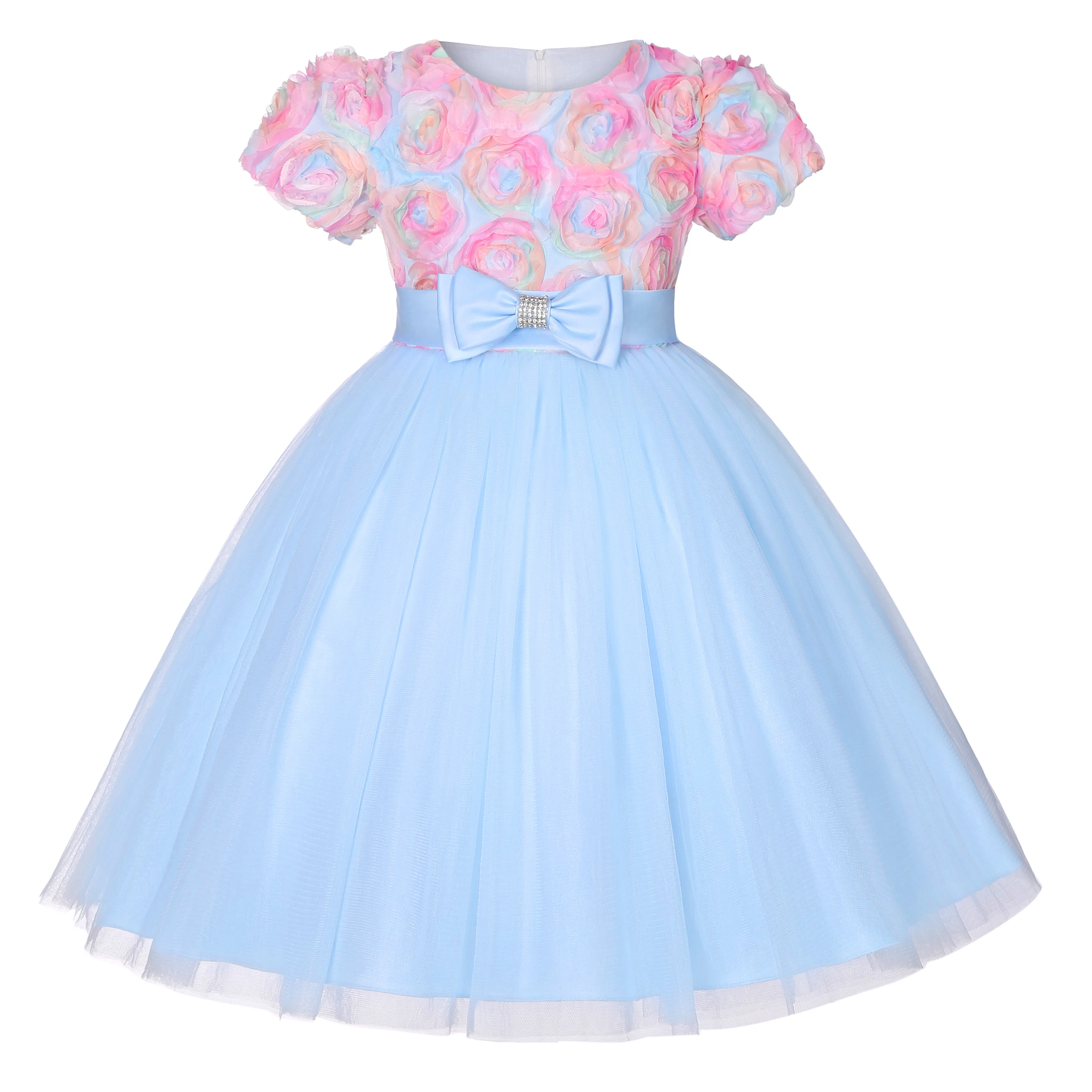 Children's new floral mesh pommel dress Little girl birthday party dance bow dress