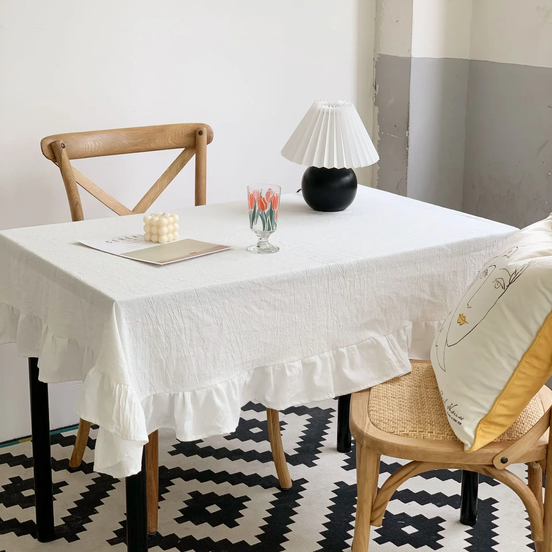 100% CottonTable Cover Retro Farmhouse Ruffle Tablecloth Soft Water-washed Tablecloths for Rectangle Party Wedding Decor Durable