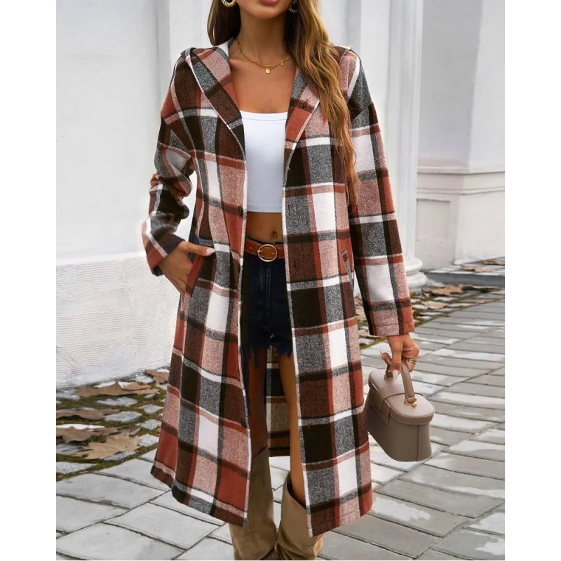 New Plaid Hooded Long-Sleeved Woolen Coat