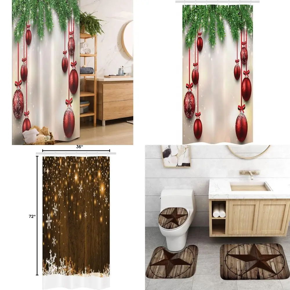 

Зимняя занавеска для душа в стране чудес: праздничные ветки ели и красочные шарики с принтом на ткани