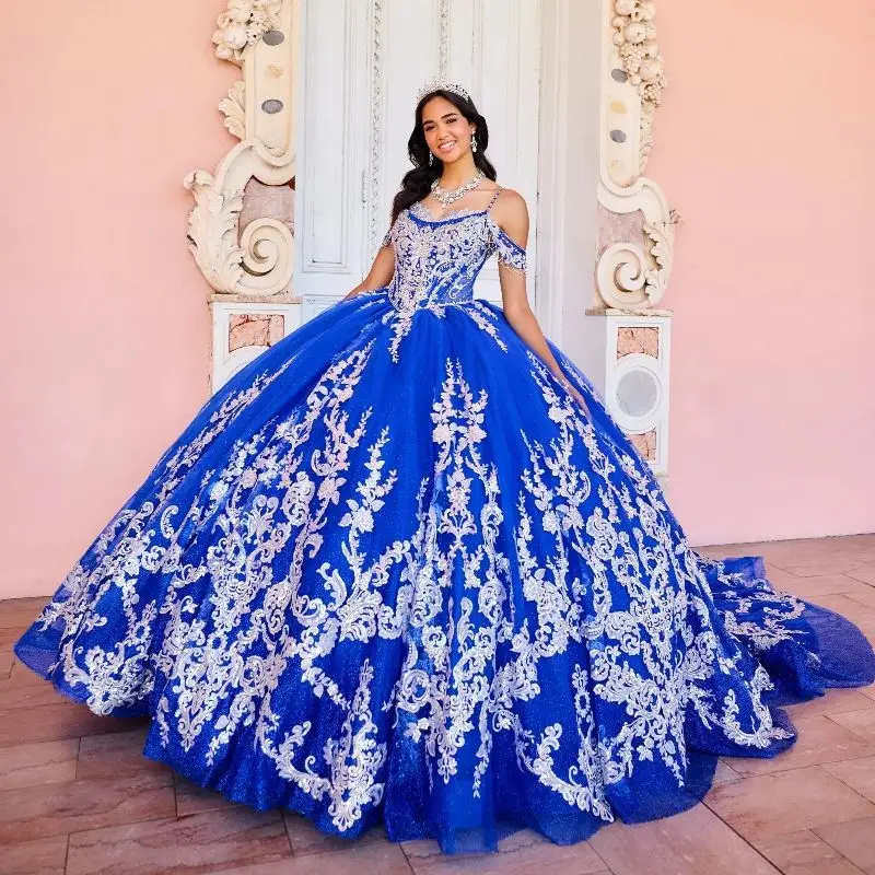 

Lorencia Royal Blue Quinceanera Dress Spaghetti Lace Applique Crystal Beaded Corset Ball Gown Sweet 16 Vestidos De XV Ano YQD393