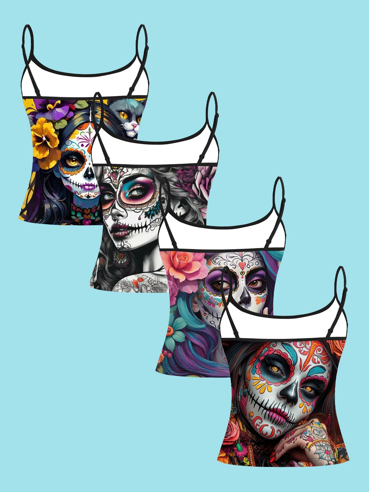 4-Pack Day of the Dead Sugar Skull Print Camisole for Women, Mexican Colorful Floral Spaghetti Strap Slim-Fit Inner Top