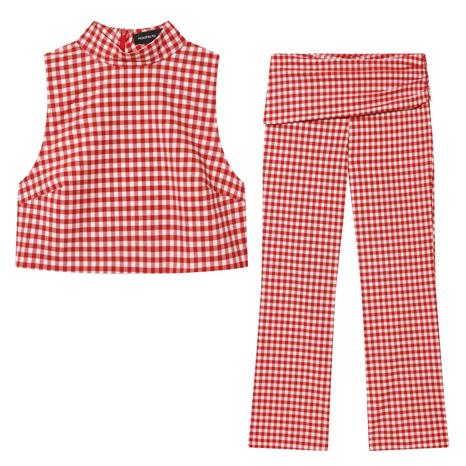 European and American style women's clothing new fashion sleeveless high neck plaid short top and pants set