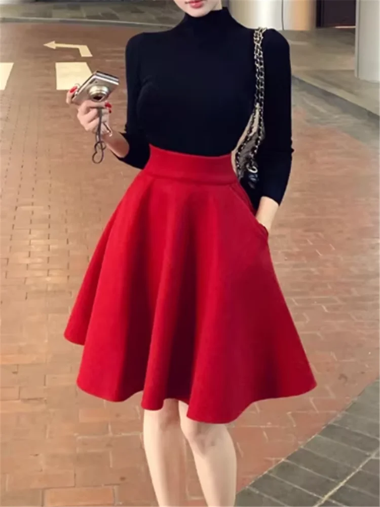 

French Retro Elegant Lady 2 Pieces Suits High Neck Long Sleeve Slim Black T Shirt&High Waist Red Puffy Skirt Matching 2pc Sets