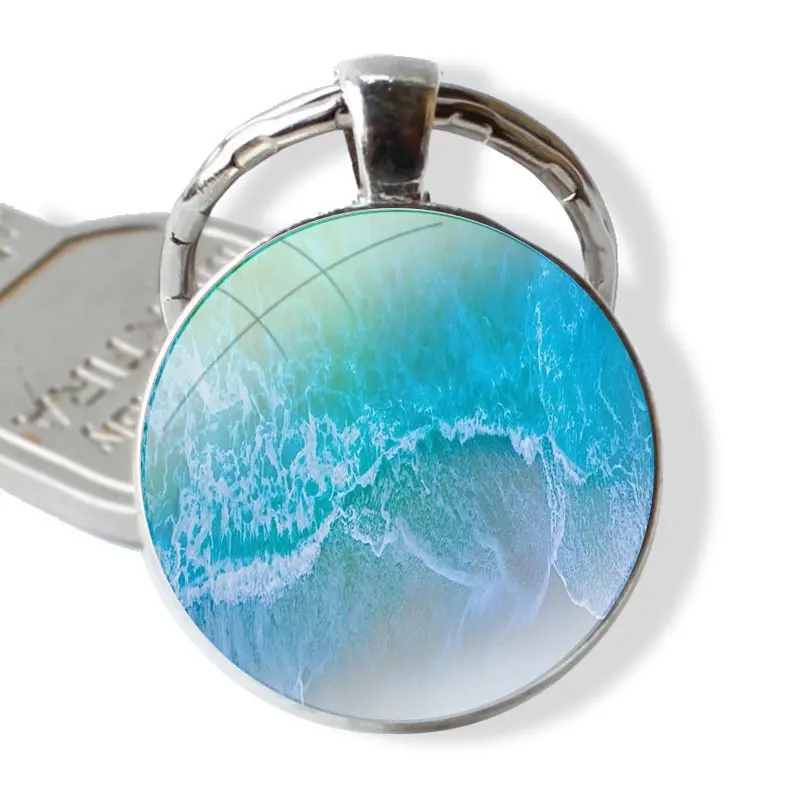 Blue sea Keychain Handmade Glass Cabochon Key Ring Holder Pendant Key Chains