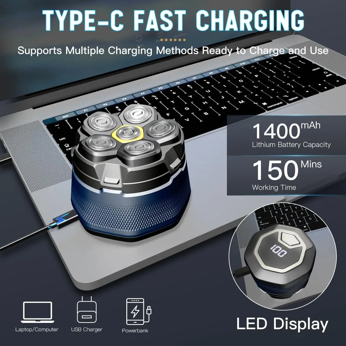 ماكينة حلاقة كهربائية للرأس للرجال الأصلع 6D ماكينة حلاقة مغناطيسية للشعر USB قابلة لإعادة الشحن LED عرض ماكينة حلاقة اللحية المقاومة للماء