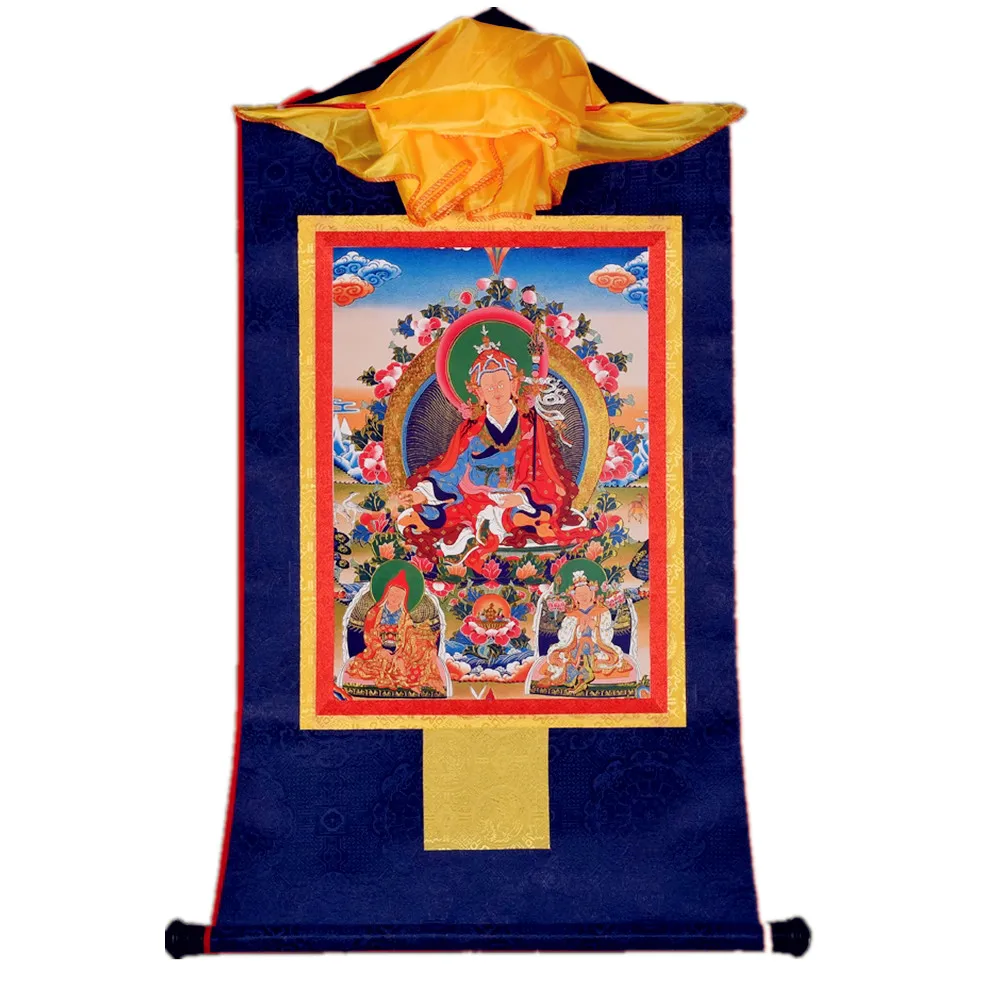 

Tibetan Guru Padmasambhava and Two Bodhisattvas Buddha Exquisite Fengshui Wall Hanging Decorate Thangka for Home/Office/Altar