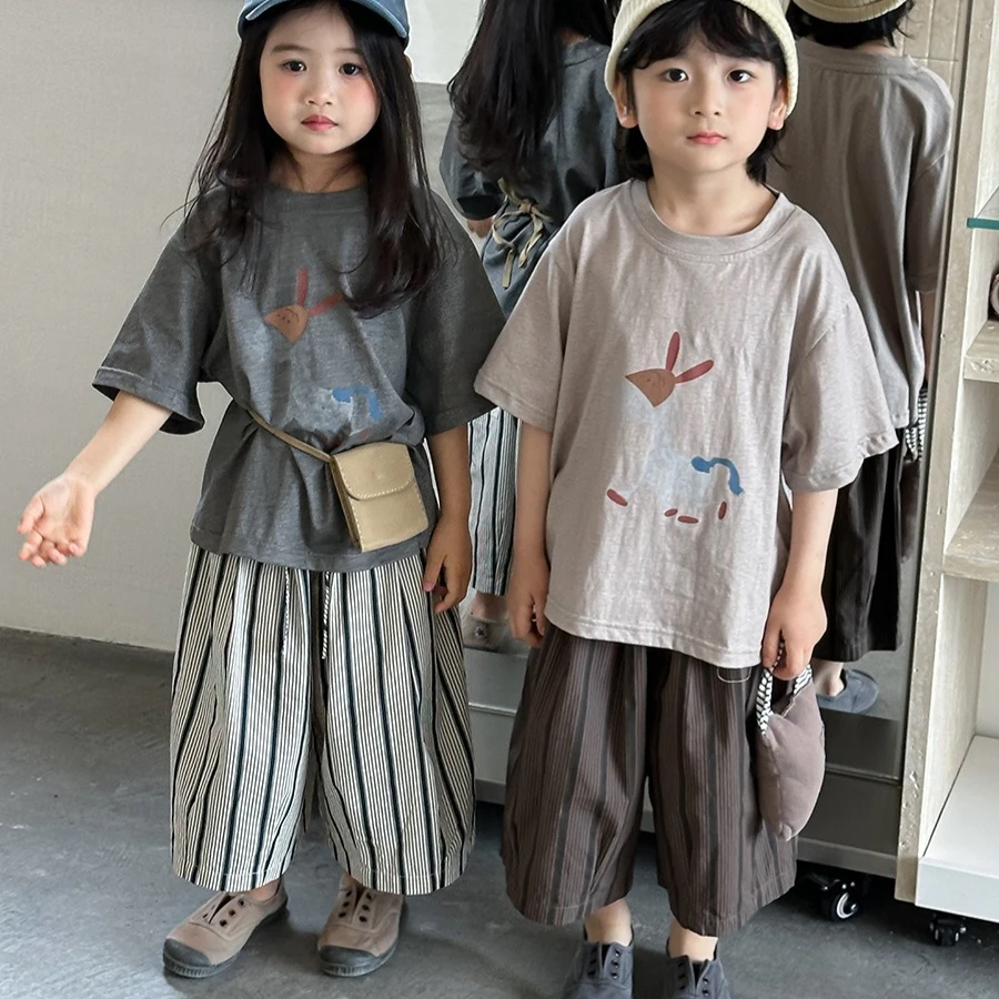 Pants 2026 Spring and Summer New Childrens Clothing Korean Boys and Girls Mori Department Retro Vertical Seven Minute Pants