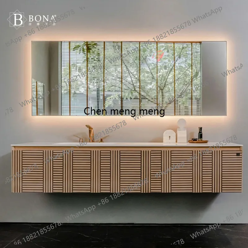 

Скандинавский комплект мебели для ванной из массива дерева с интегрированной раковиной из Corian, простой современный дизайн, тумба для умывания, возможность индивидуальной настройки.