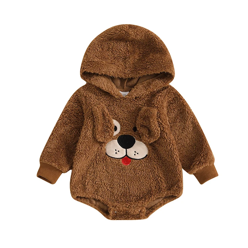 Baby Winter Romper Plush Long Sleeve Hooded Embroidery Dog Bodysuit Clothes for Girls Boys Children's Clothing