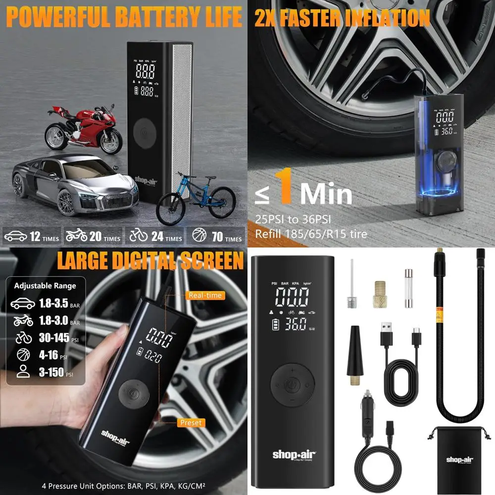 

Портативный беспроводной воздушный компрессор, насос 150PSI с ЖК-дисплеем, светодиодной подсветкой, автоматическим отключением, аккумулятором 6000 мАч и шнуром 12 В