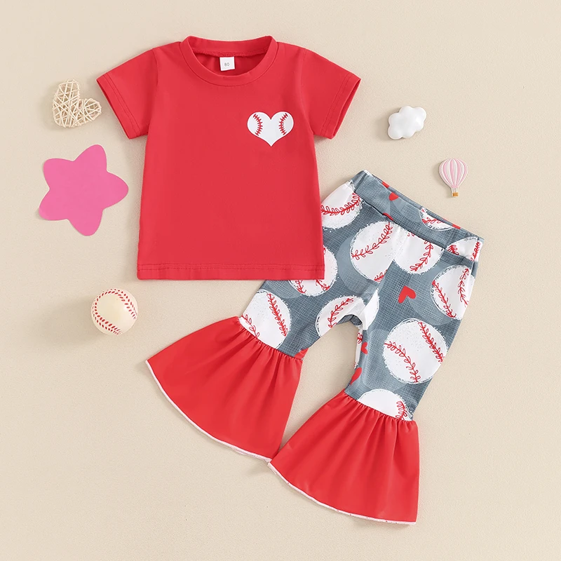 

2024-03-19 Lioraitiin 6M-4Y Toddler Baby Girl 2Pcs Baseball Outfits Short Sleeve Heart Print Tops + Flare Pants Set Clothes