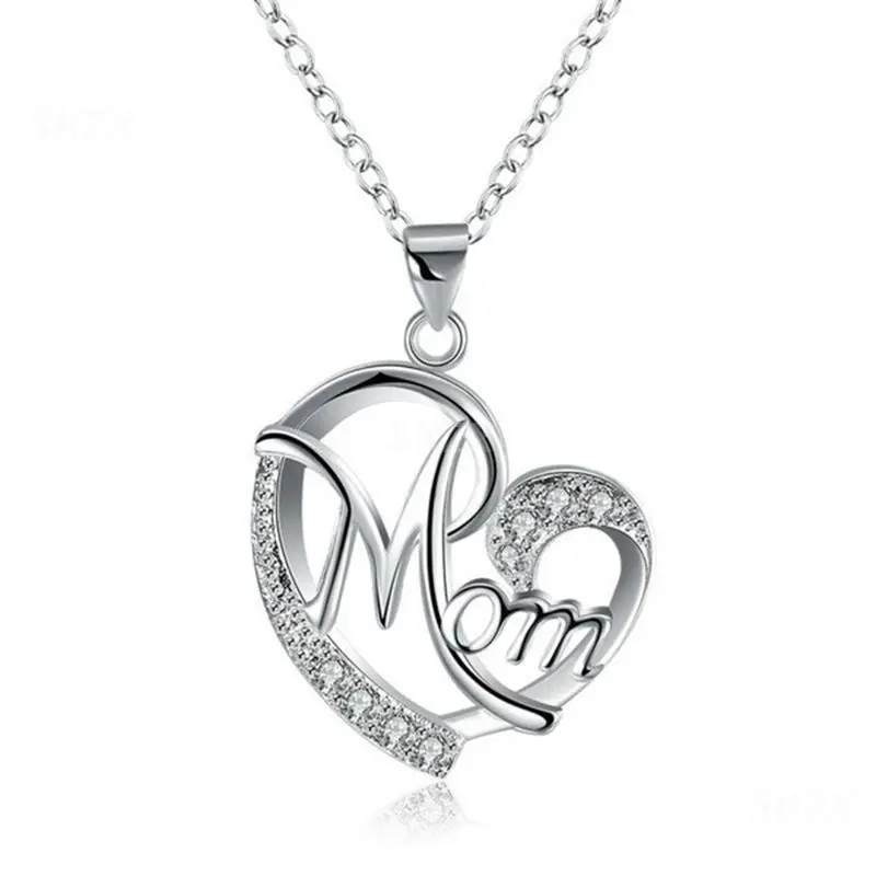 Mother's Necklace Letter MOM Heart Shape Inlaid Crystal Charms Pendant Necklace The Best Gift For Mother