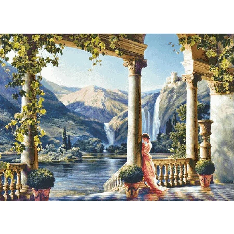 Amishop Gold Collection Counted Cross Stitch Kit Greek Idyll Greece Scenery Landscape Beauty Naked Girl Mountain And Lake Grape