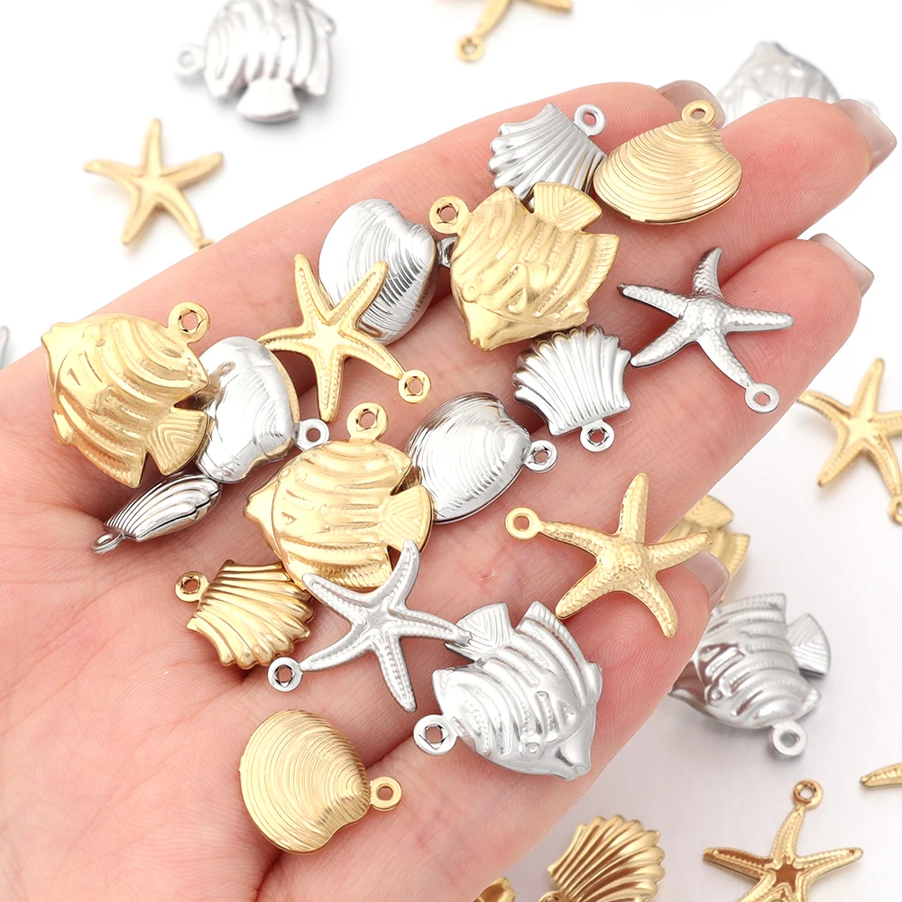 5-10 Stück goldfarbene Edelstahl-Seestern-Muschel-Anhänger, Meereslebewesen-Anhänger für DIY-Halsketten, Armbänder, Schmuckherstellung, Zubehör – Detail 2