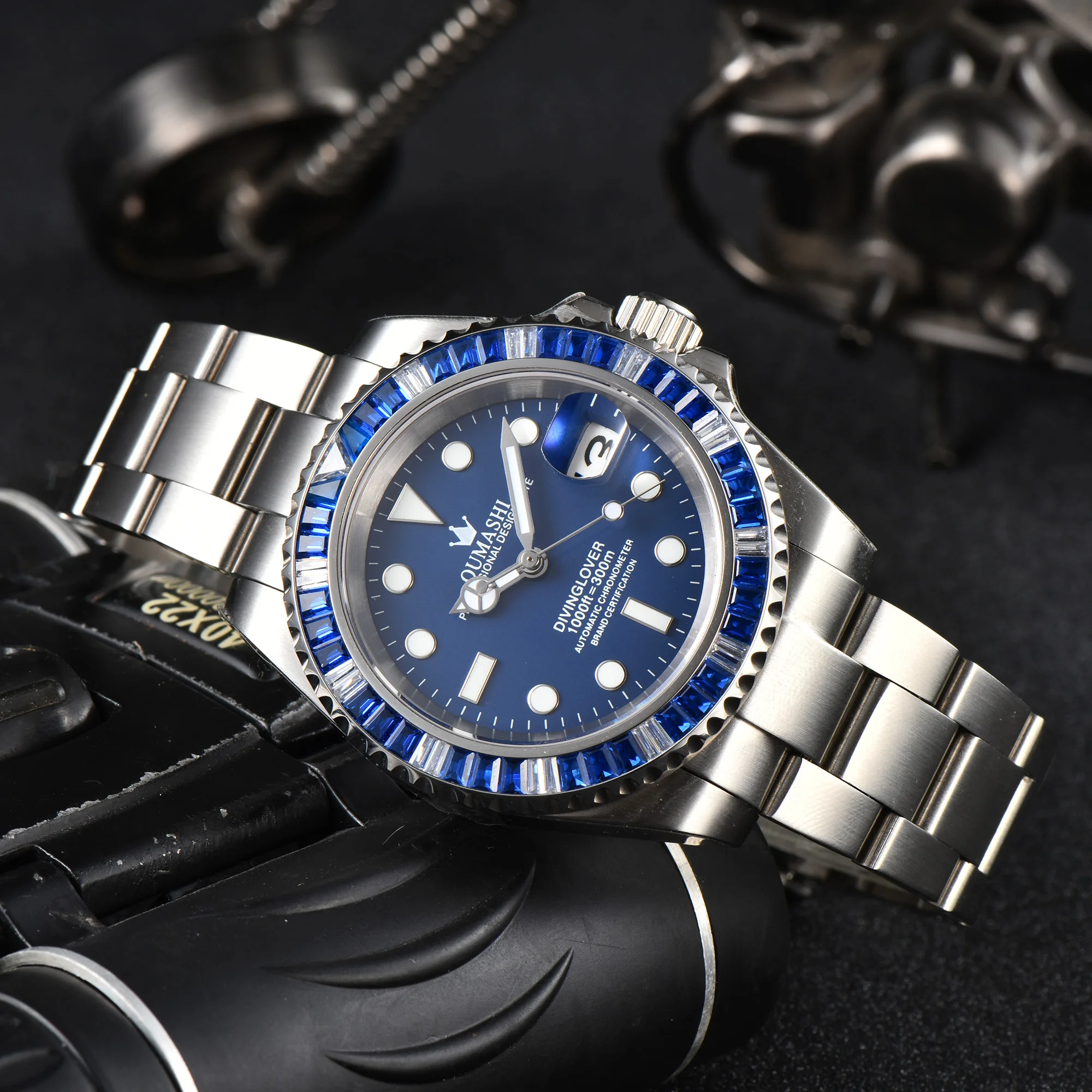 NH35A Watch Blue Diamond/Green Diamond Embedded Case SUB Watch Sapphire Glass 100 Meter Waterproof Luminous Fashion Men's Watch
