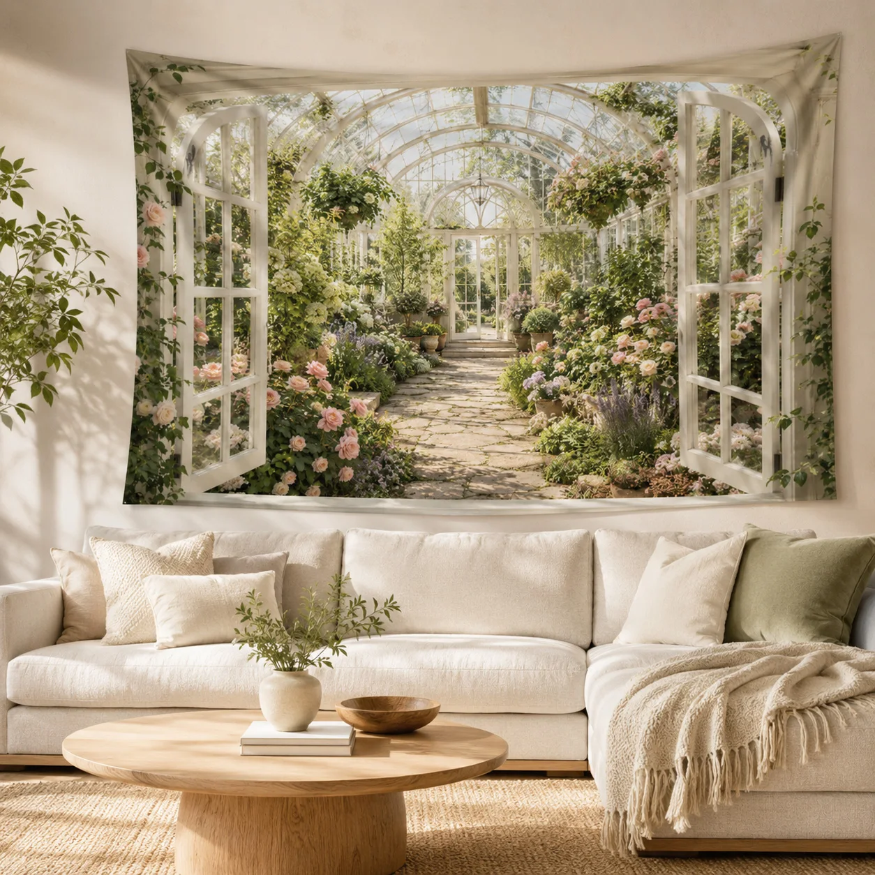 3D Window Floral Greenhouse Garden Wall Tapestry Rose Landscape Wall Hanging Aesthetic Home Decor Housewarming Gift