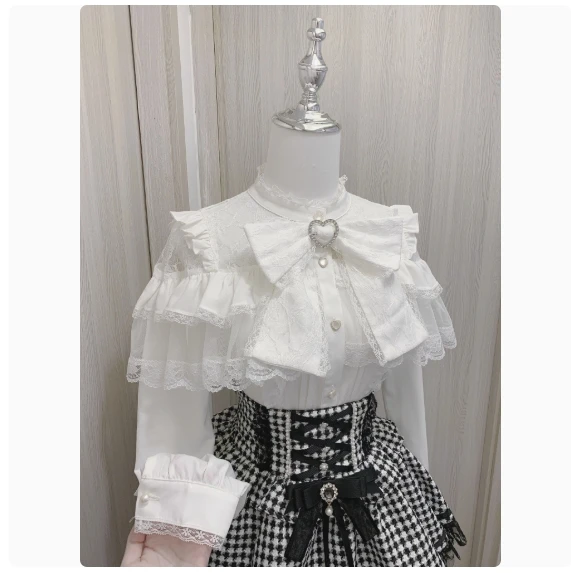 Japanese Mine Series Mass Production Shirt Women's Lace Splicing Bow Off -Shoulder Black Long Sleeve Lolita Blouses Top Skirts