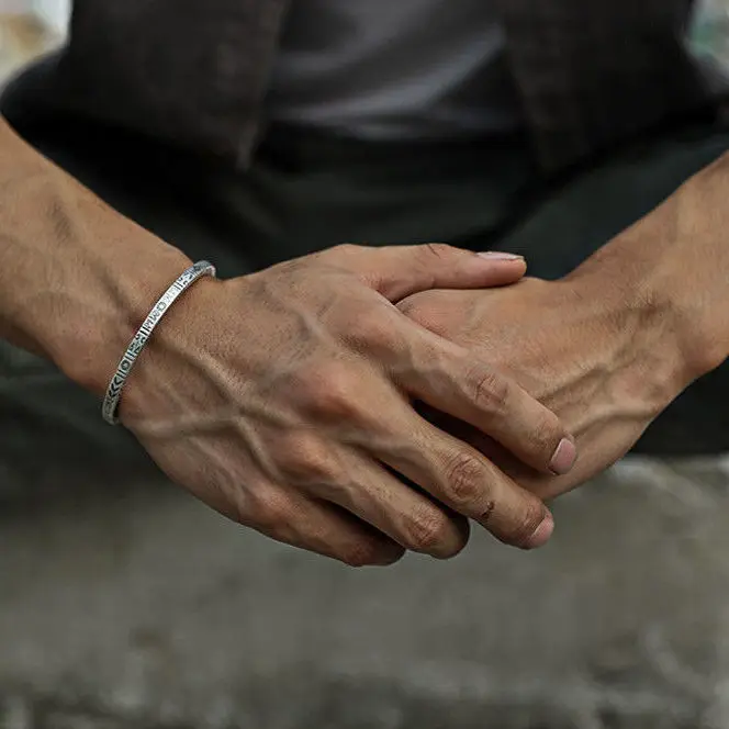 Auspicious Totem Ethnic Style Bracelet S999 Full Silver Retro Solid Couple Open Simple Handmade Silver Bracelet Gift
