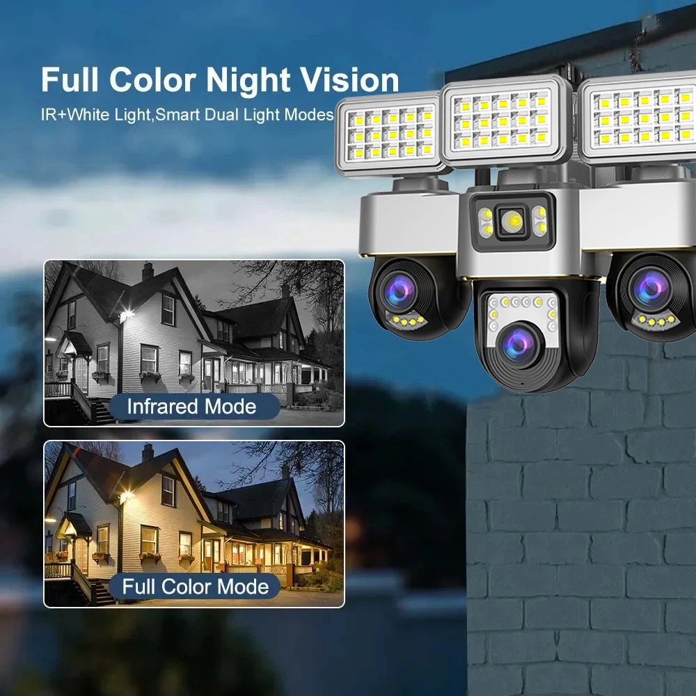 Telecamera di sorveglianza 12MP 4G Tre lenti CCTV impermeabile esterna Visione notturna a colori Monitor di tracciamento del movimento Cam Illuminazione a LED Cam