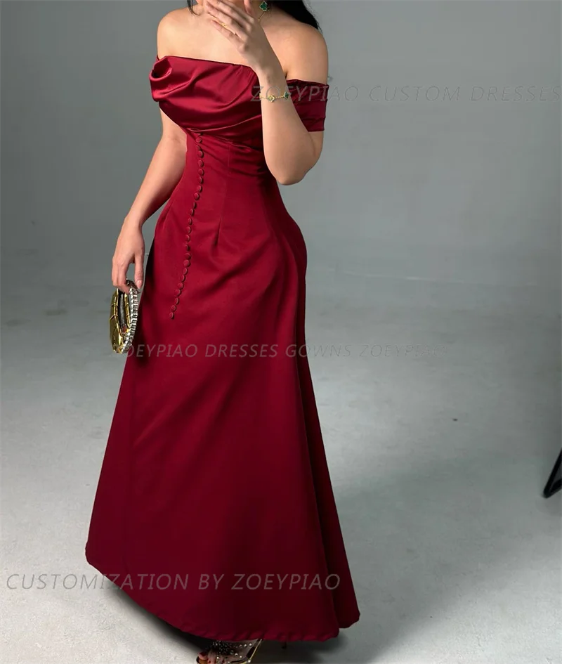 Burgundy Red A Line Satin Night Party Prom Dresses Button Strapless Off Shoulder Short Sleeves Evening Gowns Vestidos femme