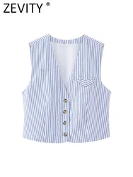 Zevity Women Fashion V Neck Single Breasted Striped Print Short Vest Jacket Office Ladies Sleeveless Slim WaistCoat Tops CT4376