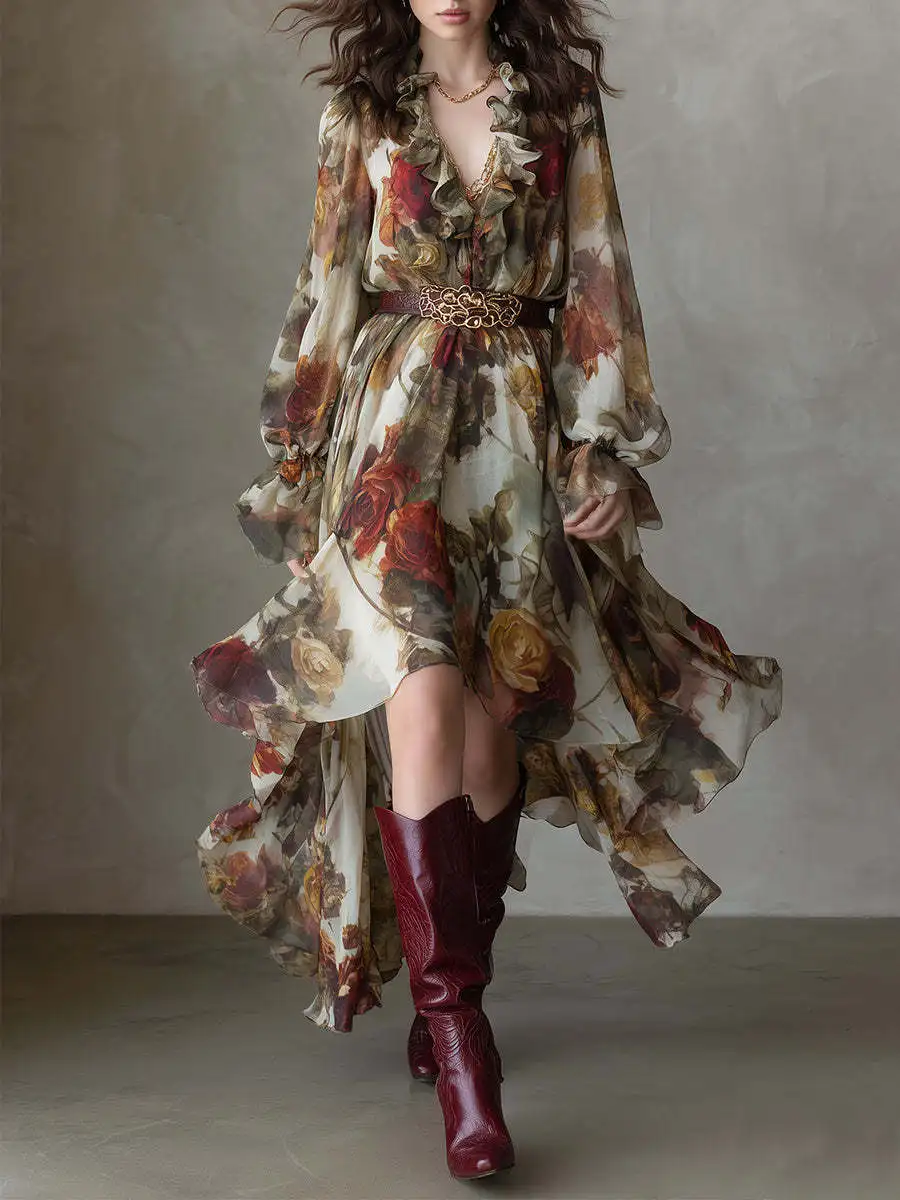 

Новые весенние модные элегантные праздничные платья, женские розы, длинное платье с рукавами-фонариками и оборками, с нерегулярным подолом